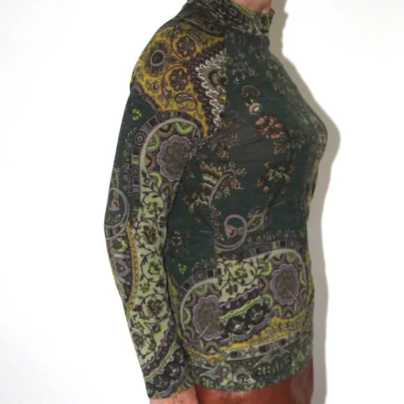 ETRO Italy Knit Wool Blend Pleated Back Top Paisley Turtleneck India Print 46 EU